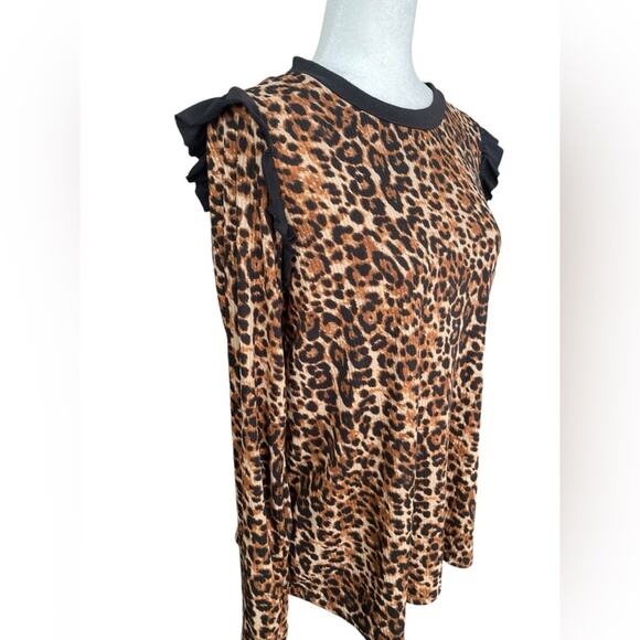 Leopard‎ Print Comfy Ribbed Ruffle Long Sleeve Top- L - Picture 1 of 8